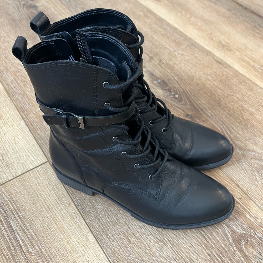 Naturalizer Black Leather Combat Boots with Strap